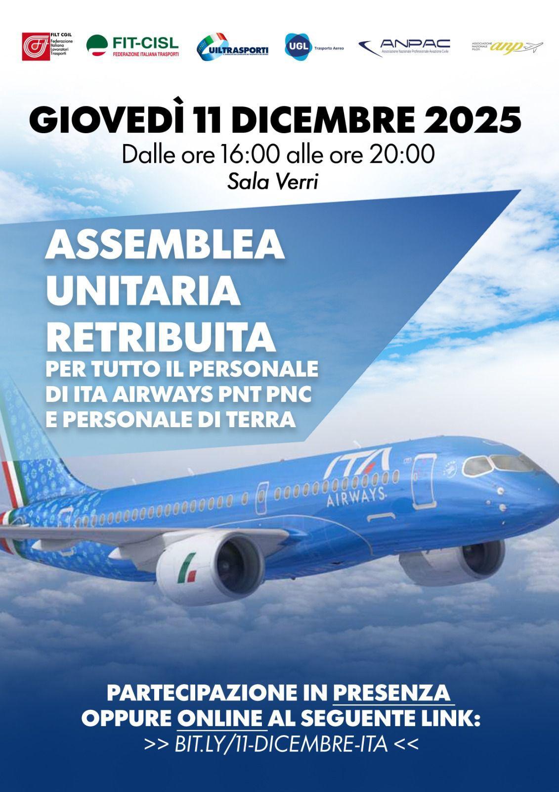 ASSEMBLEA UNITARIA RETRIBUITA – ITA AIRWAYS - GIOVEDI' 11 DICEMBRE 2025