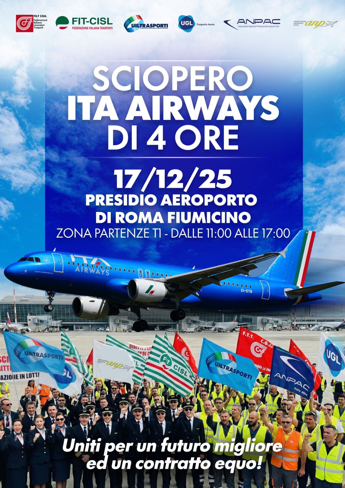 17 DICEMBRE 2025 ORE 11:00-17:00 - SCIOPERO FIUMICINO PARTENZE T1